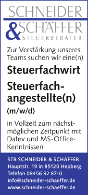 Stellenangebote Steuerfachwirt, Steuerfachtgestellte(r), m/w/d bei Steuerkanzlei Schneider Schäffer in Hepberg Ingolstadt